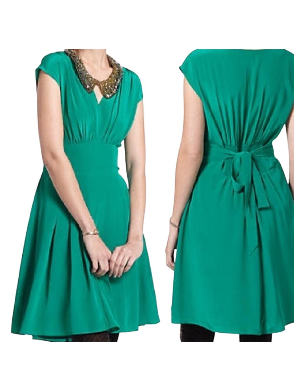Anthropologie Silk Fit & Flare Dress Tie Back V Neck Green Womens Small